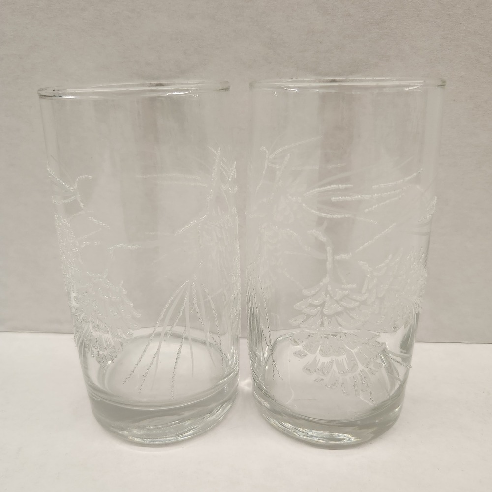 Etched Pine Tree Glasses Set of 2 Clear Glass Holiday Barware Drinkware